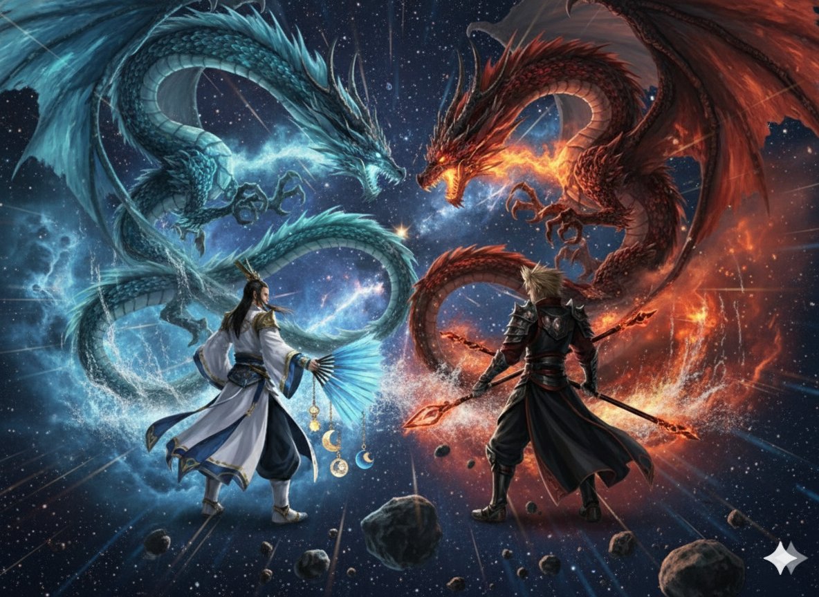 Image generation prompt for Nano Banana Pro: Zhuge Liang vs. Sima Yi in a Final Fantasy X style cosmic battle — example 1