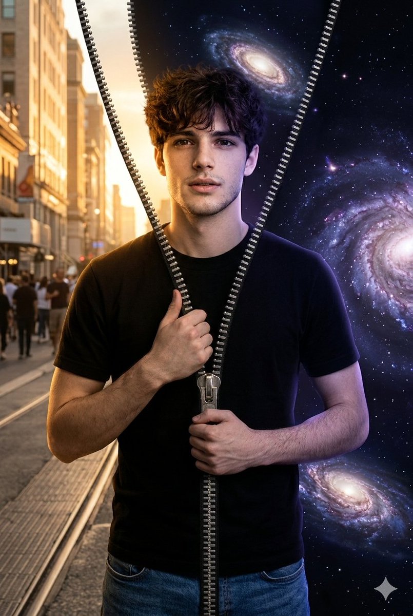 Conceptual Portrait of Man Zipping Reality Open to Cosmic Void — example 1