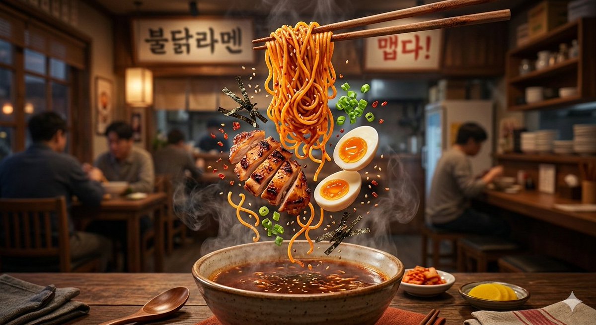 Cinematic Food Commercial Shot of Deconstructed Buldak Ramen — example 1