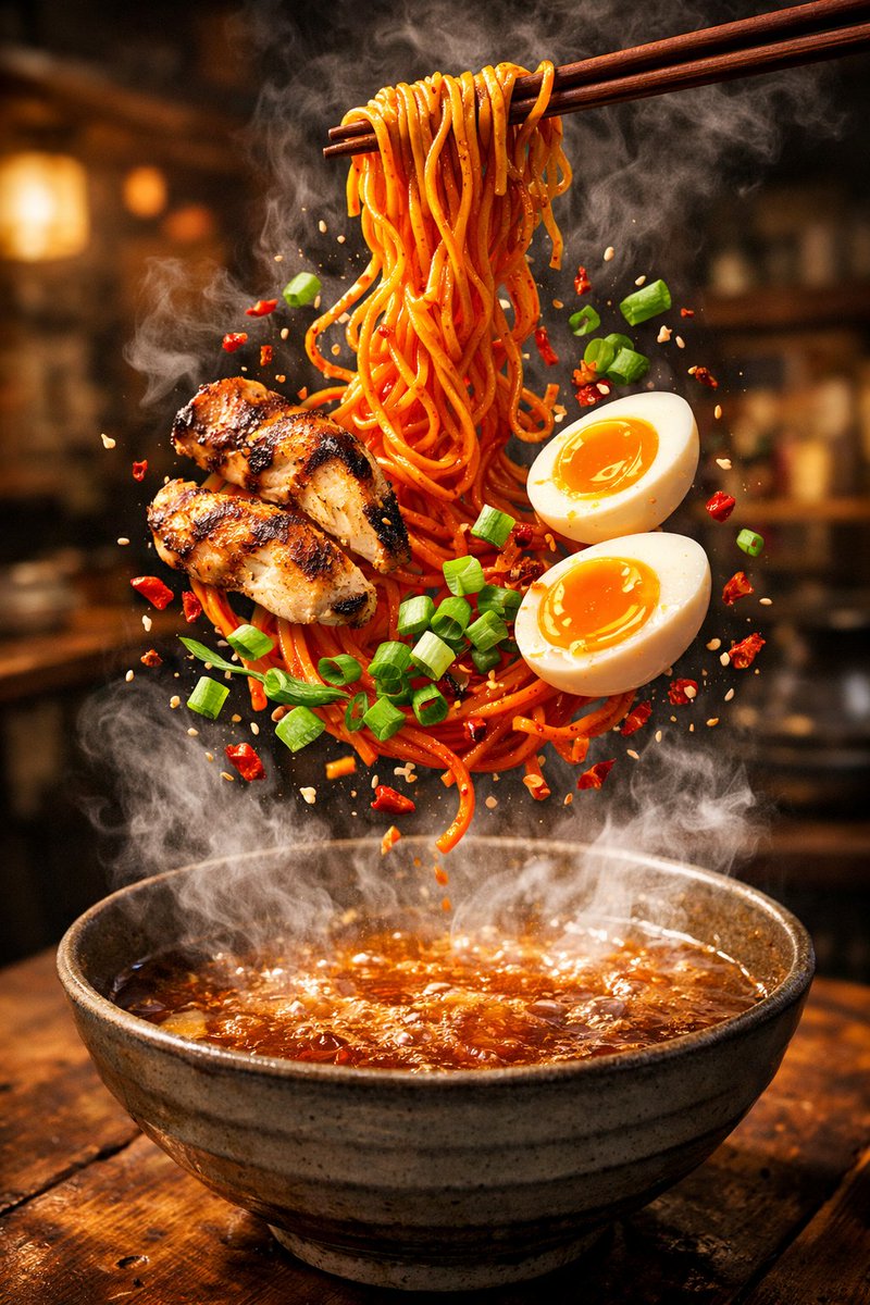 Cinematic Food Commercial Shot of Deconstructed Buldak Ramen — example 2