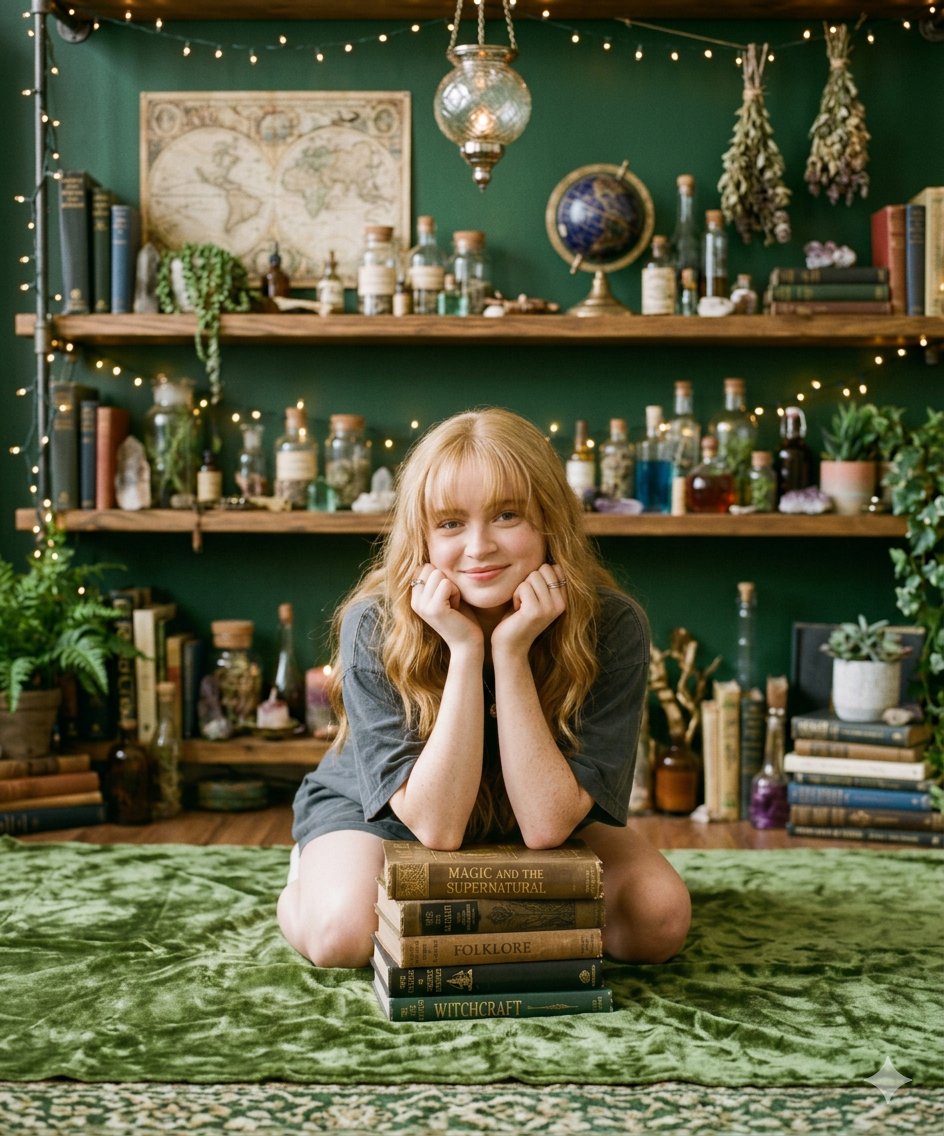 Cozy Portrait of Girl with Mystical Objects and Vintage Books