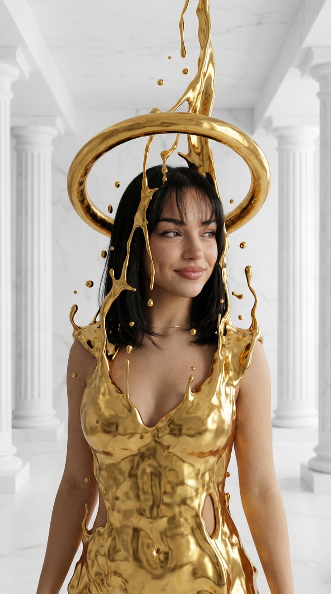 Surreal High-Fashion Portrait with Liquid Gold and Classical Architecture — example 1
