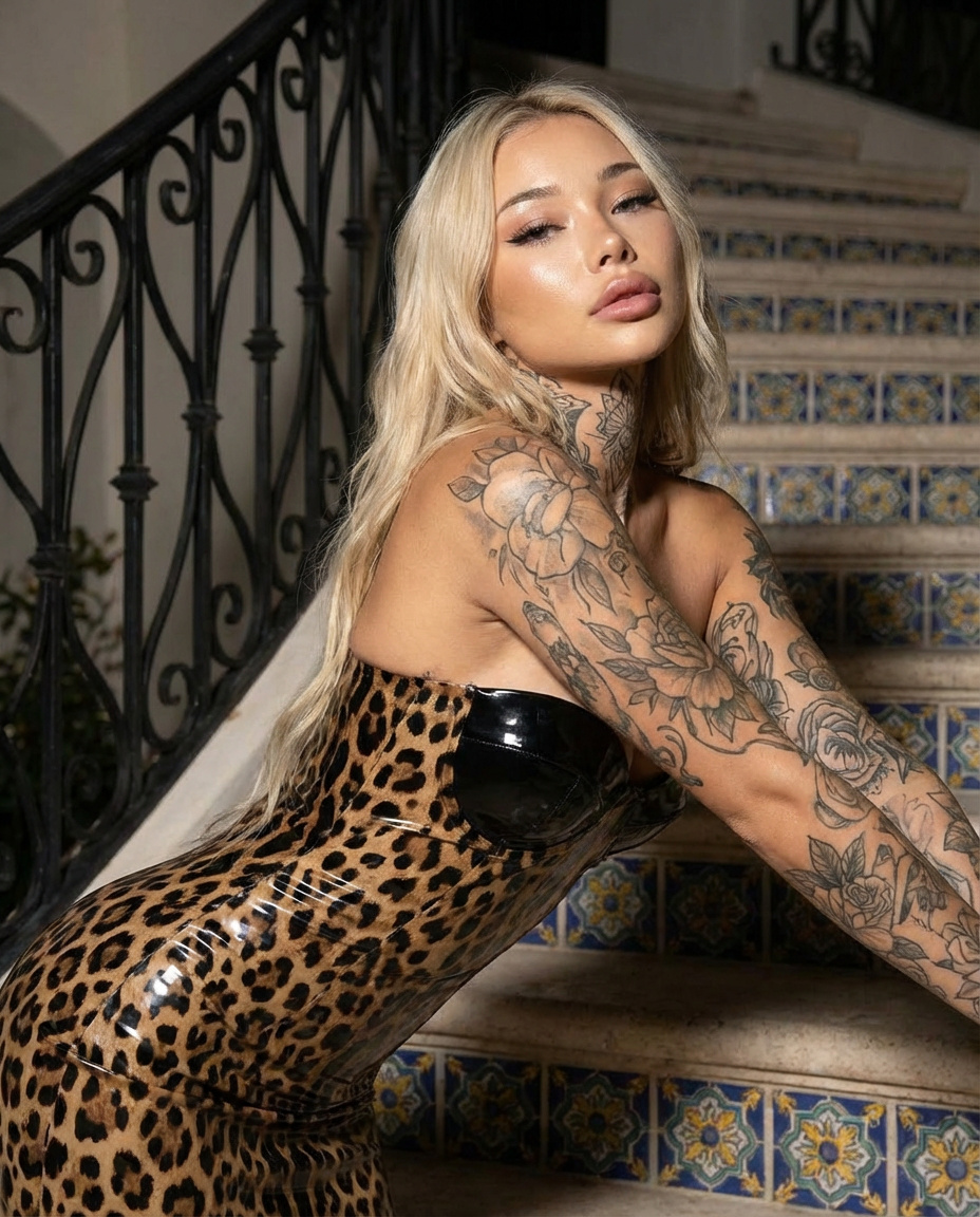 Glamorous Blonde Woman in Leopard Latex with Floral Tattoos — example 1