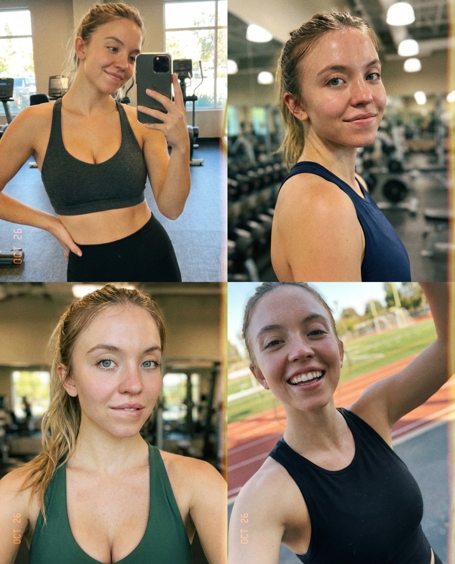 Sydney Sweeney Sports Selfie Collage Prompt — example 1