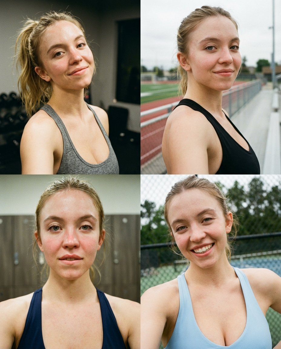 Sydney Sweeney Sports Selfie Collage Prompt — example 2