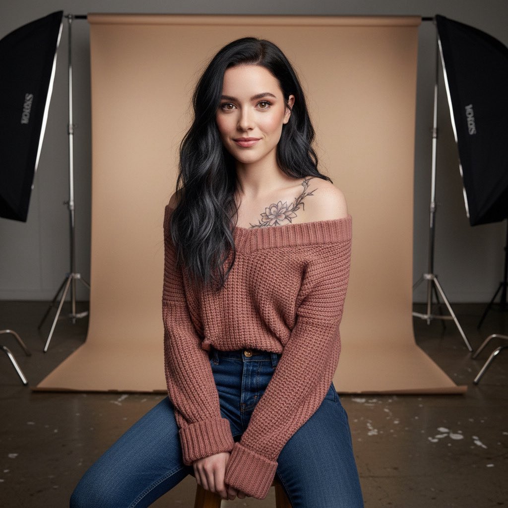Studio Portrait with Tattoo and Chunky Knit Sweater Prompt — example 1