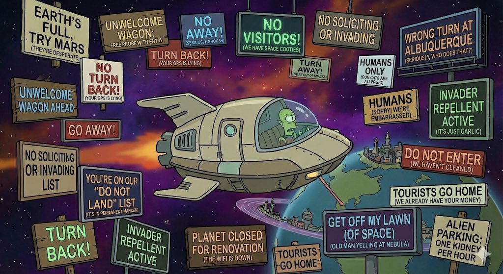 Futurama-style spaceship and warning signs — example 1