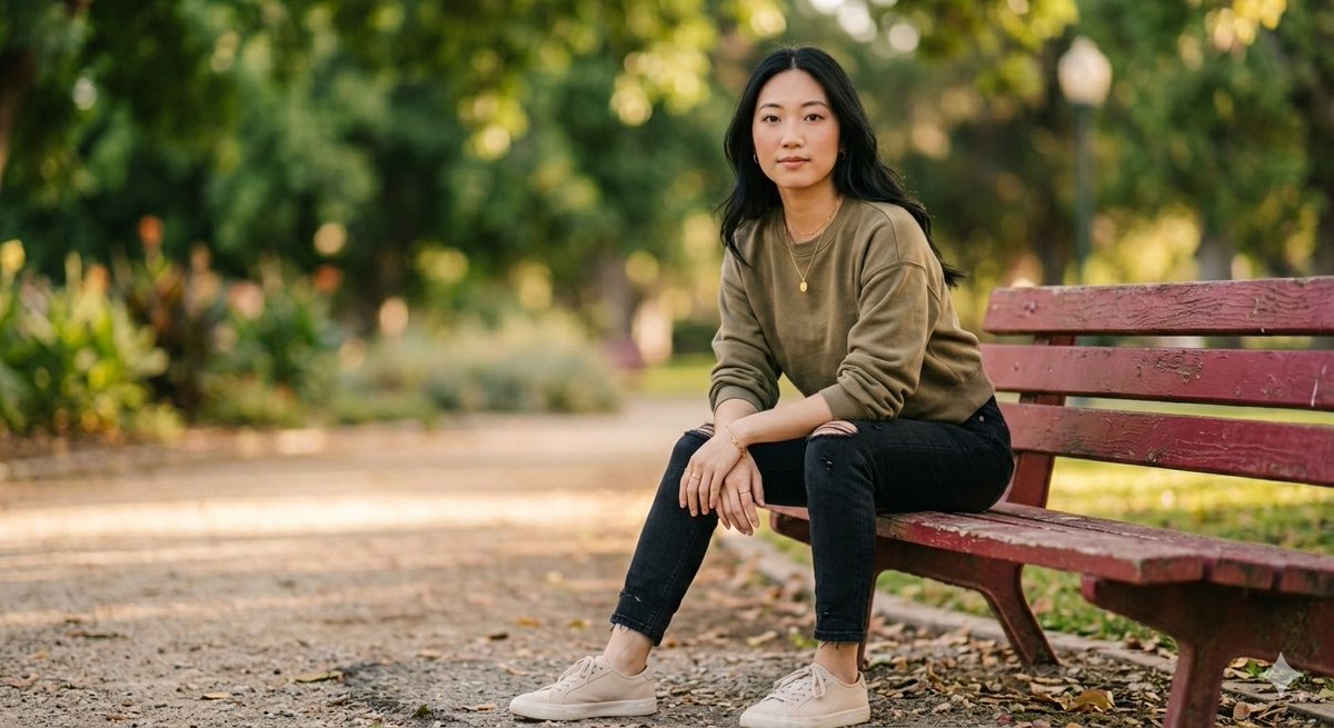 Fashionable Young Woman in Park Setting Prompt — example 1