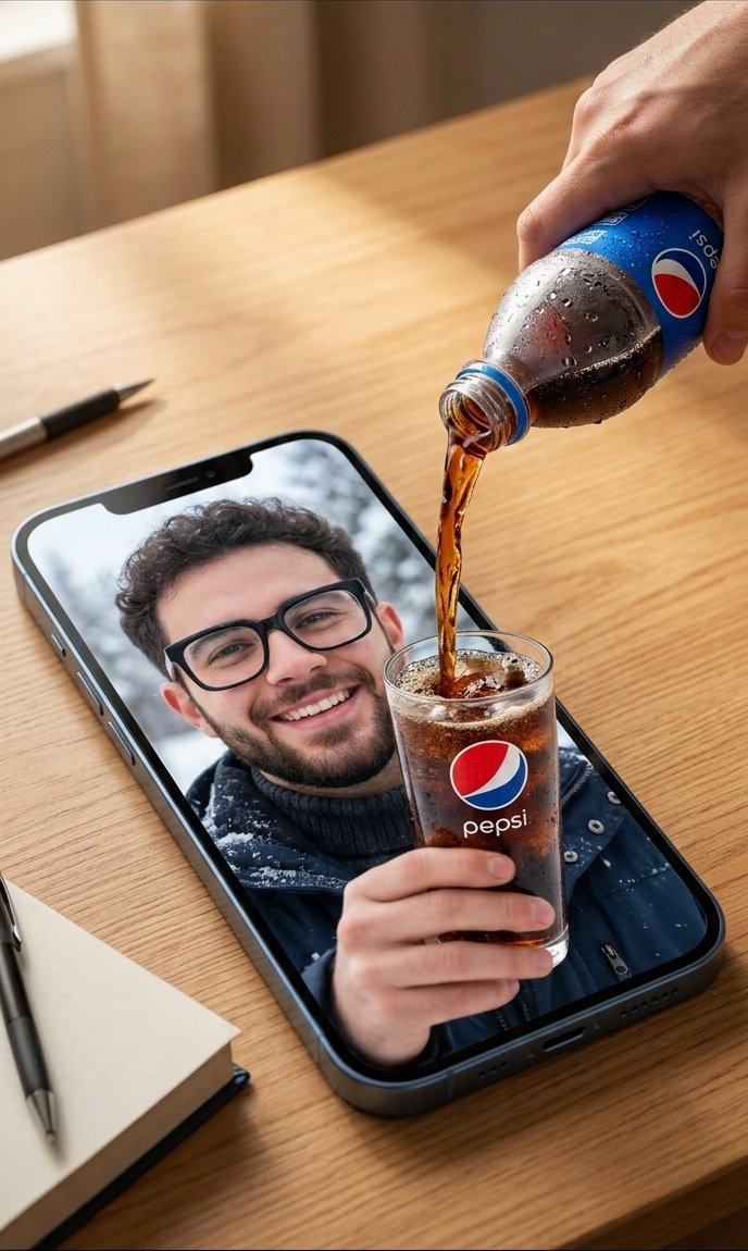Surreal Commercial Composite: Pepsi Pouring into a Smartphone Screen