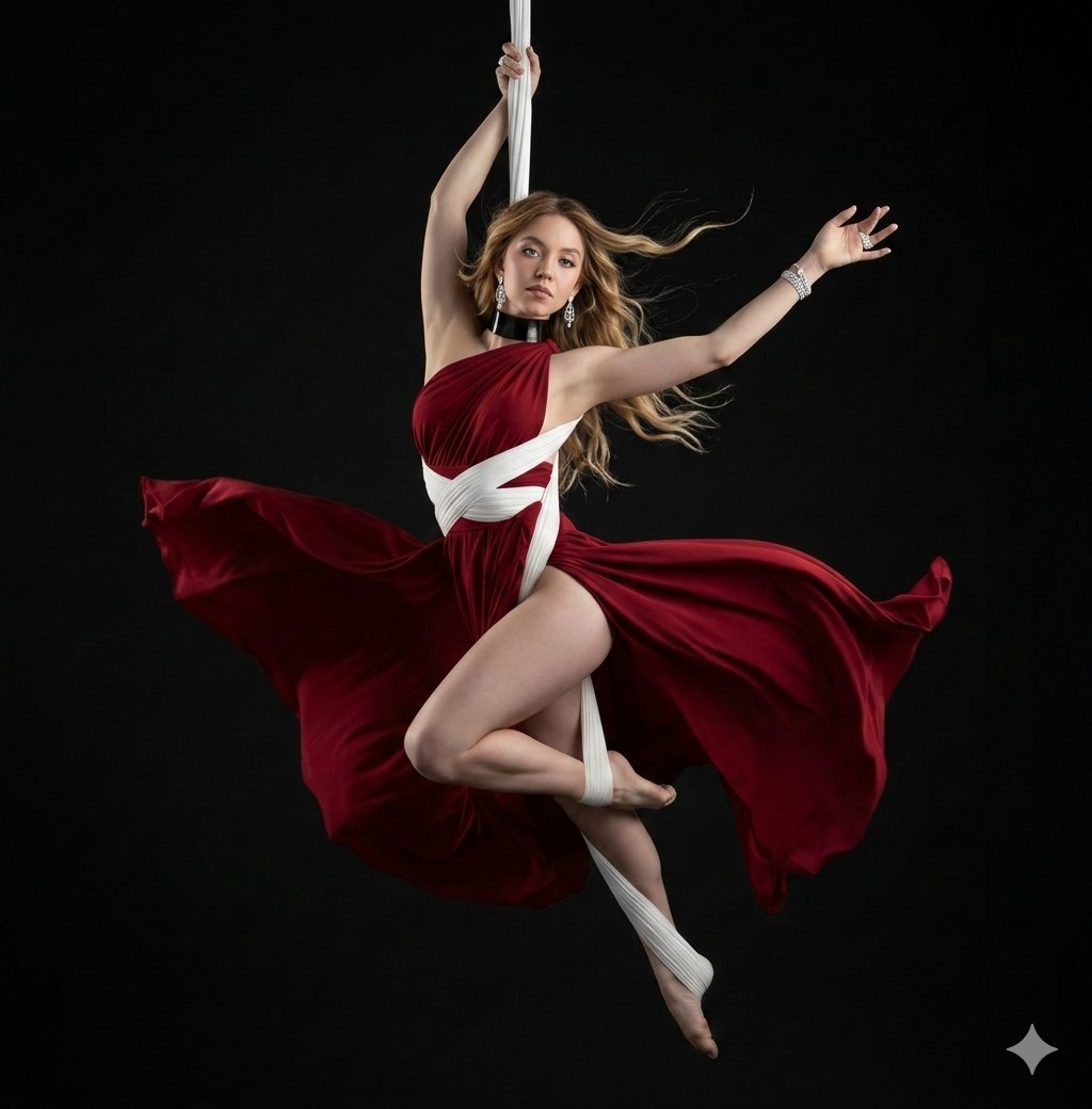 Dramatic Aerial Silk Artist in Red Dress — example 1