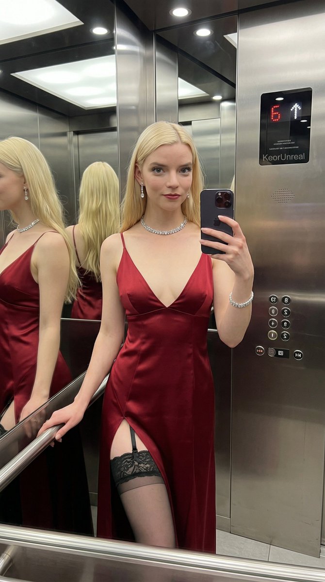 Luxury Elevator Mirror Selfie in Deep V-Neck Dress — example 3