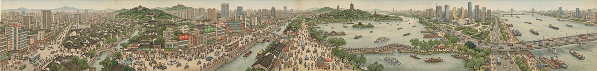 Panoramic Cityscape in Qingming Festival Scroll Style (8:1 Aspect Ratio) — example 1