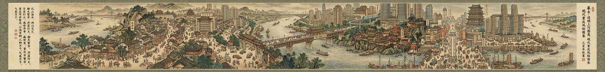 Panoramic Cityscape in Qingming Festival Scroll Style (8:1 Aspect Ratio) — example 4