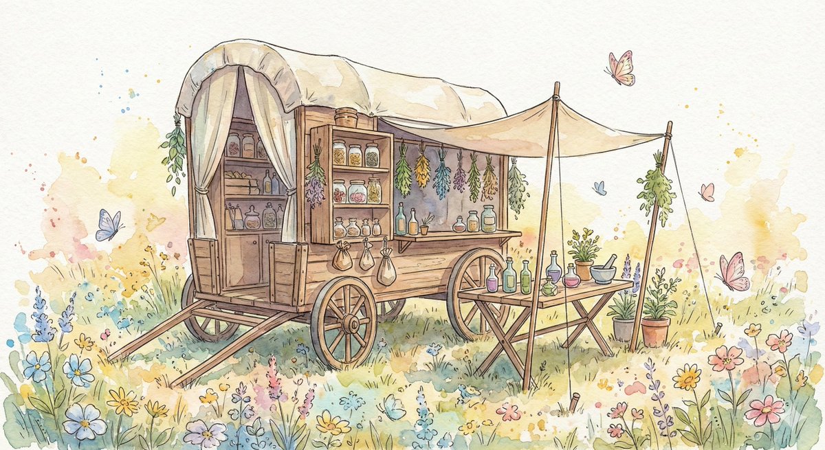 Fantasy Watercolor Herbalist Wagon — example 1