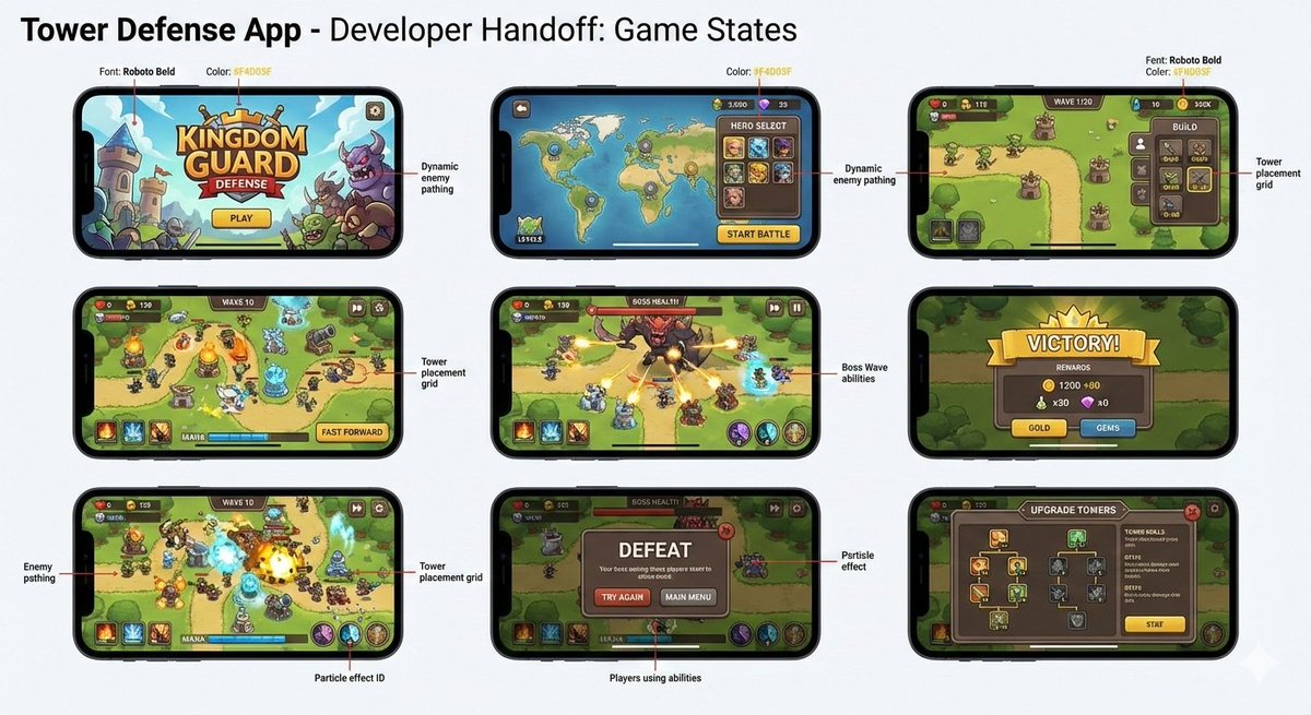 Tower defense mobile app design mockup grid — example 1