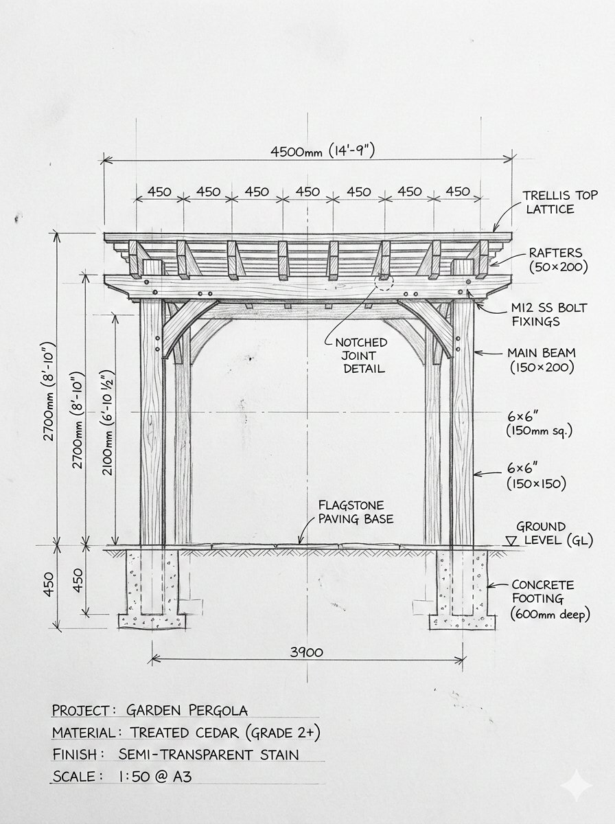 Pergola Blueprint to Photoreal Structure Prompt — example 1