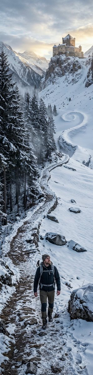 Ultra-Realistic Vertical Panorama of Swiss Alps with Mythological Hint — example 1