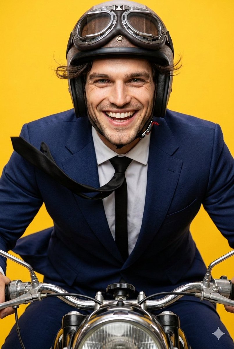 Dynamic Motorcycle Rider Portrait on Yellow Background — example 1