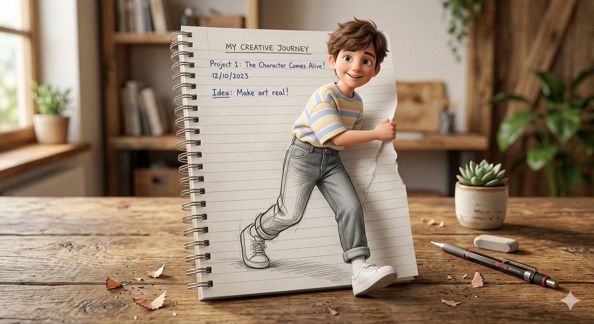 3D Pop-Out Illusion Artwork of a Boy from a Notebook