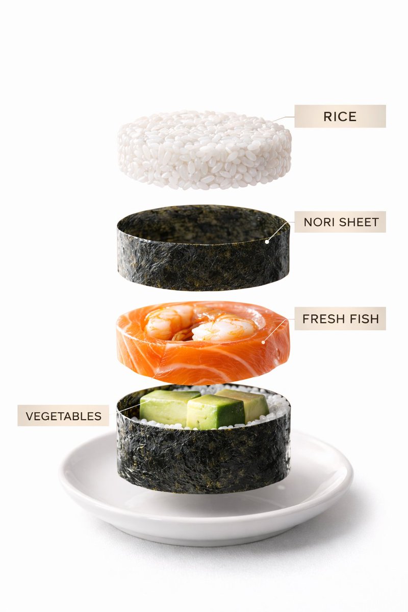 Sushi Commercial Photography and Exploded Diagram Prompt — example 1