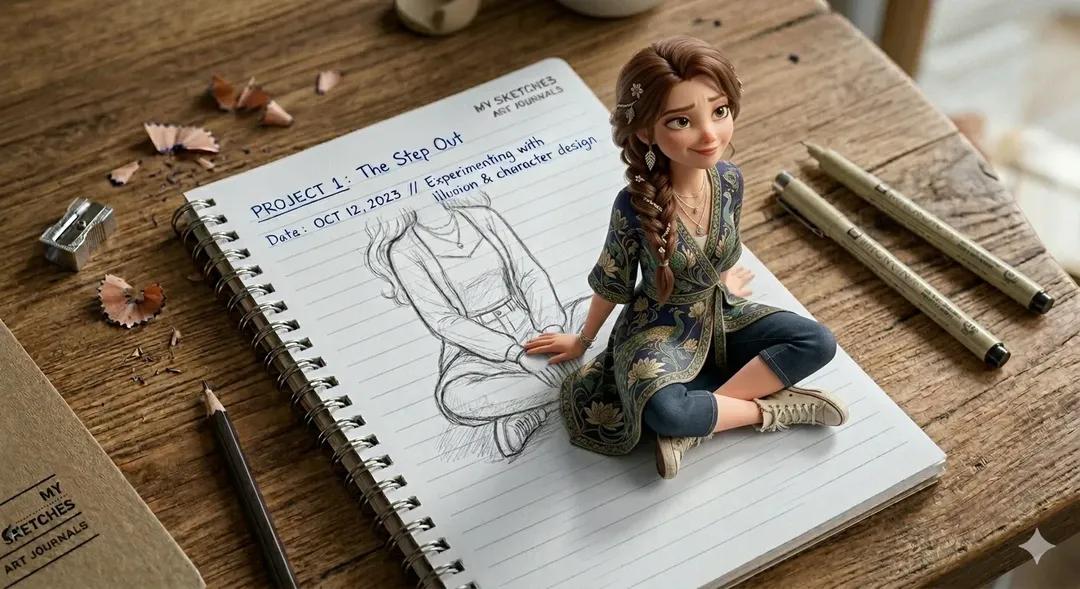 3D Pop-Out Illusion Artwork of a Girl from a Notebook