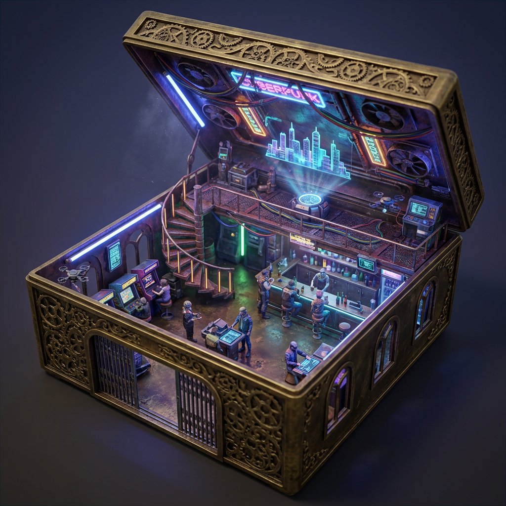 Ornate Box Diorama Prompt (Cyberpunk Pub) — example 1