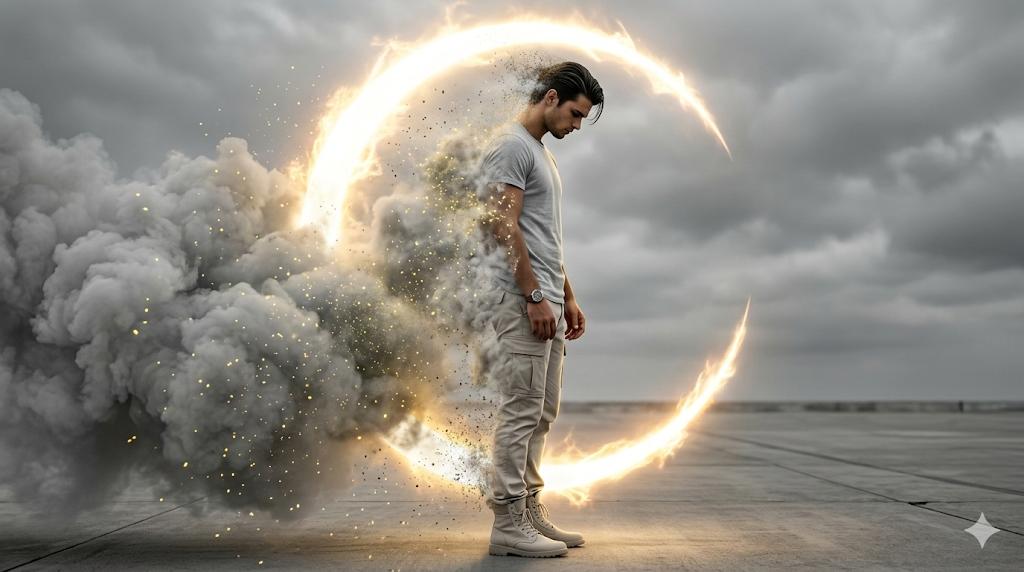 Cinematic Disintegration Portrait Prompt — example 1