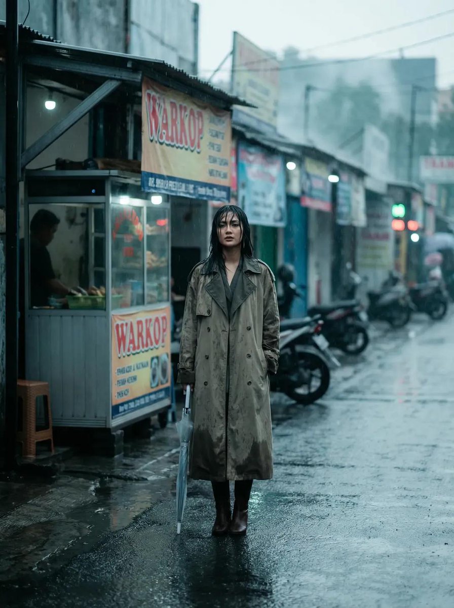 Rainy Indonesian Warkop Fashion Editorial Prompt — example 1