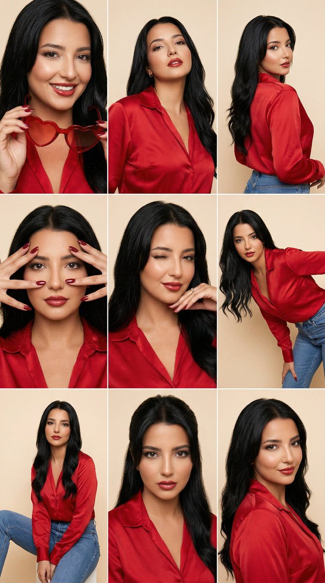 Fashion Editorial Grid Prompt (Red Satin Heart Glasses) — example 1