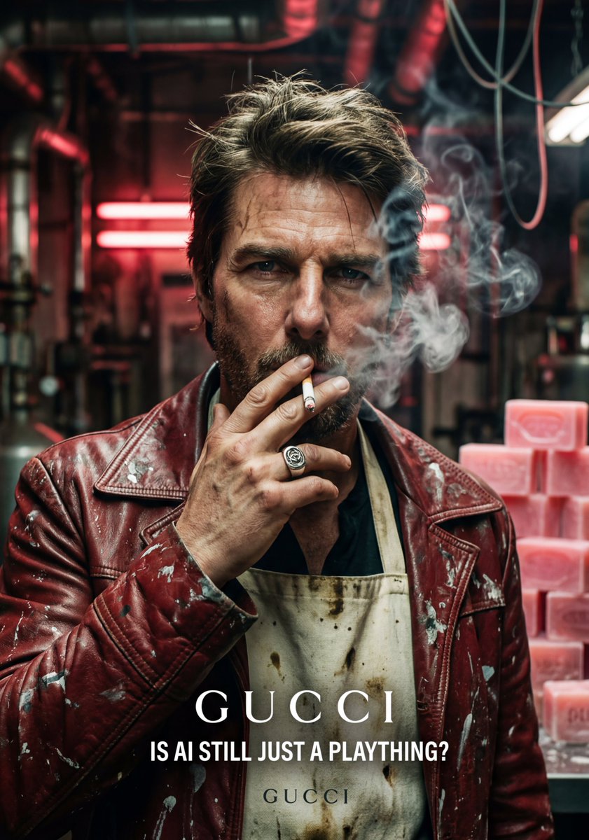 Gritty Tom Cruise Portrait with GUCCI Branding — example 1