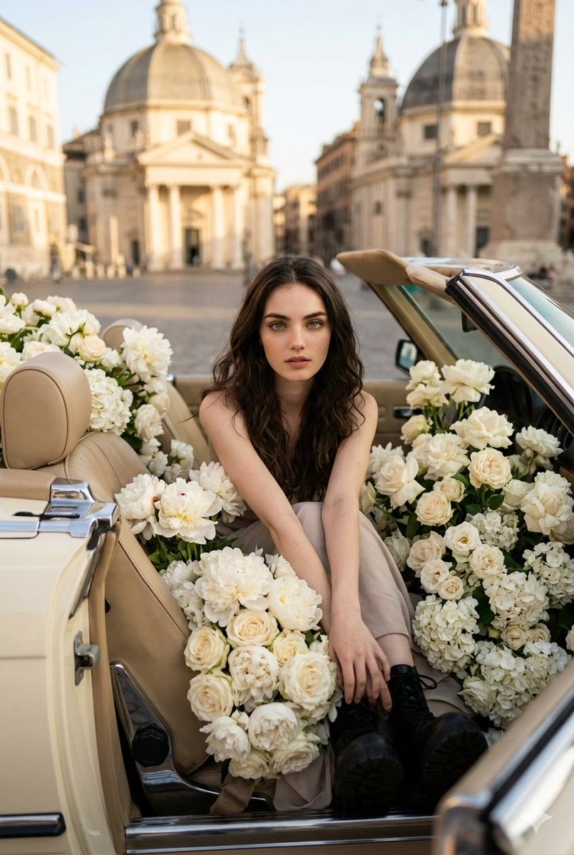 Vertical Fashion Photo with Vintage Car and Roses — example 3