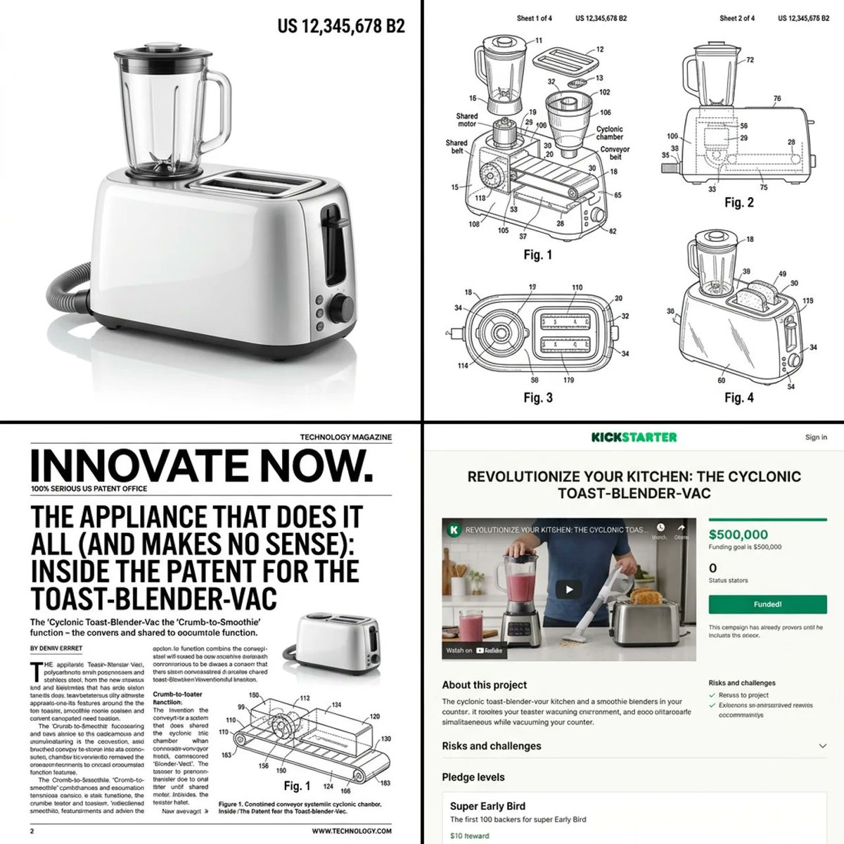 Multi-step prompt for generating absurd patent documents and product renders — example 1