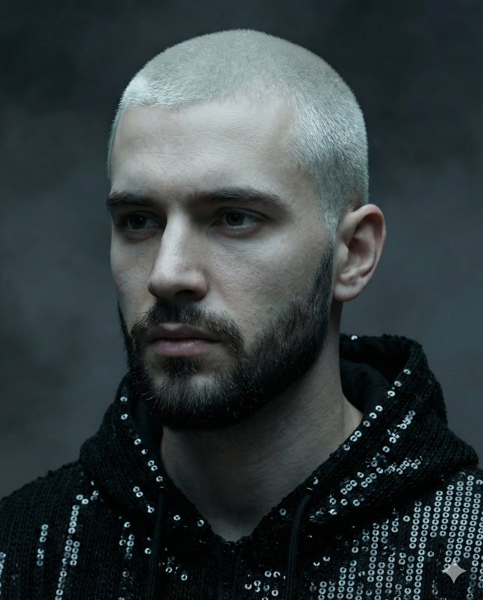 Hyper-realistic portrait of a young man with platinum buzz cut — example 1