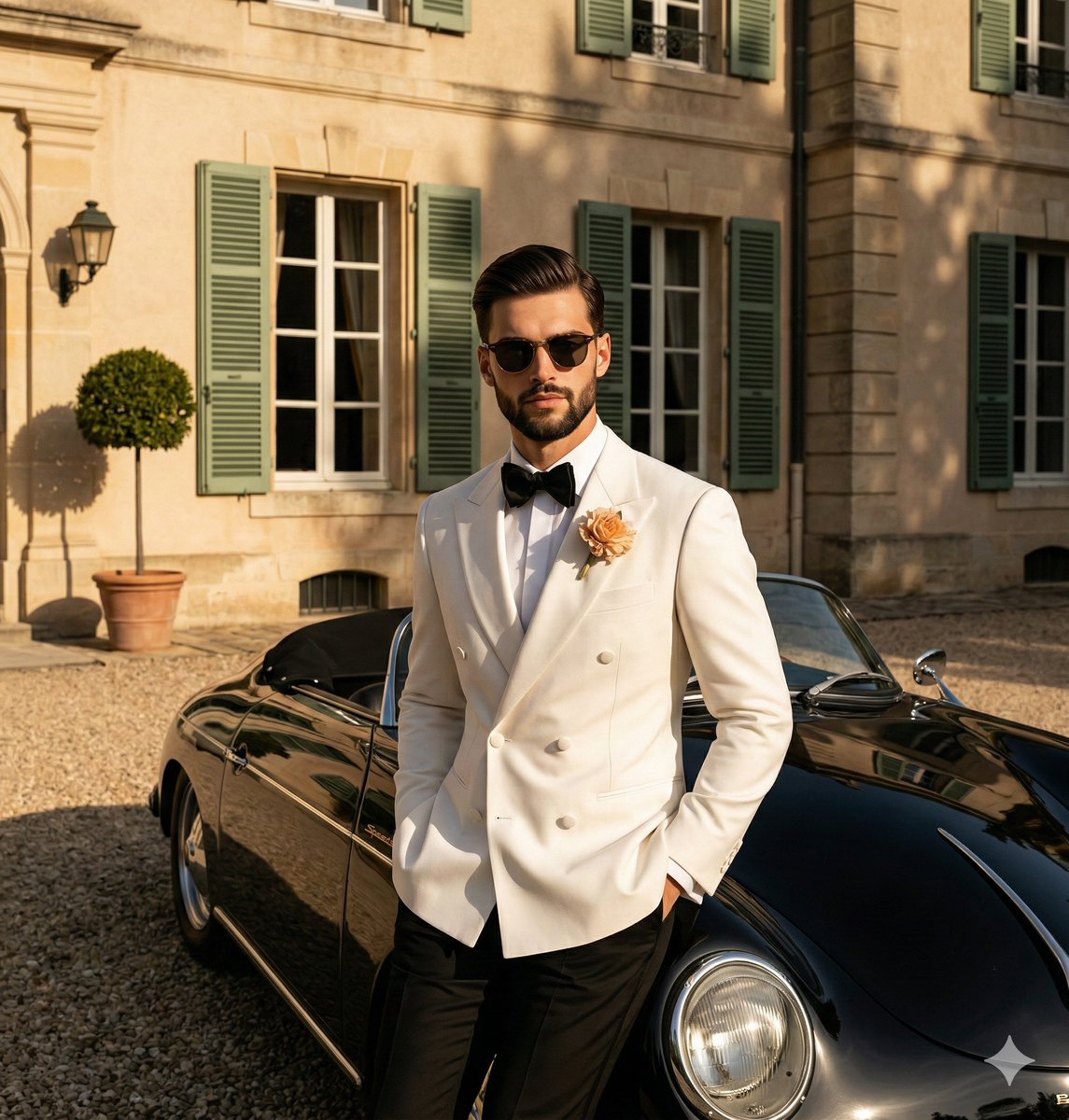 High-Contrast Editorial Portrait Prompt (Car/Tuxedo) — example 1