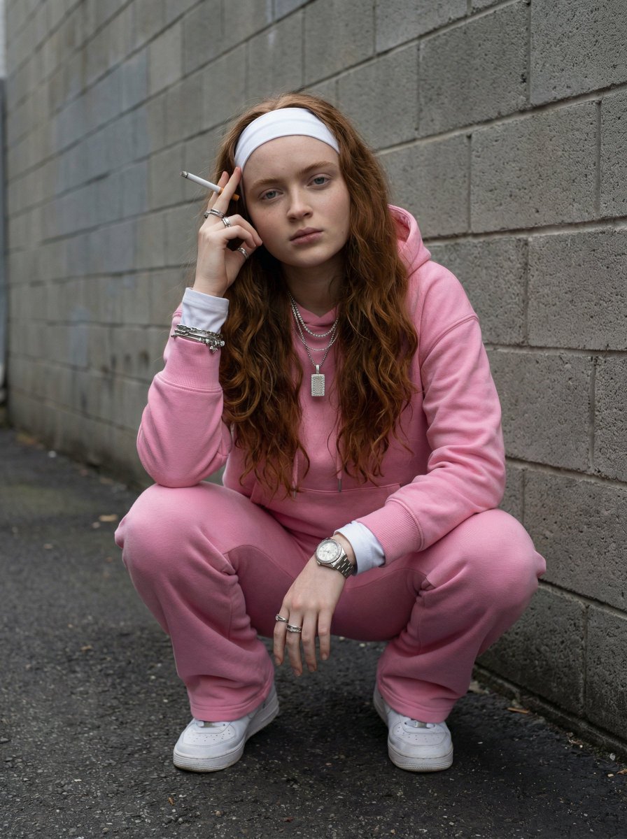 Urban Streetwear Editorial Portrait Prompt (Pink Tracksuit) — example 2