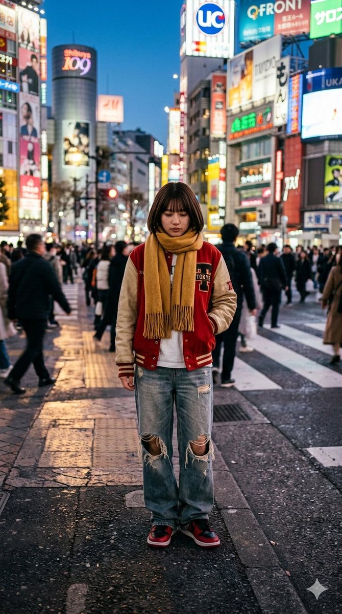 Photorealistic Street Photo Prompt: Vintage Fashion Girl in Shibuya — example 1