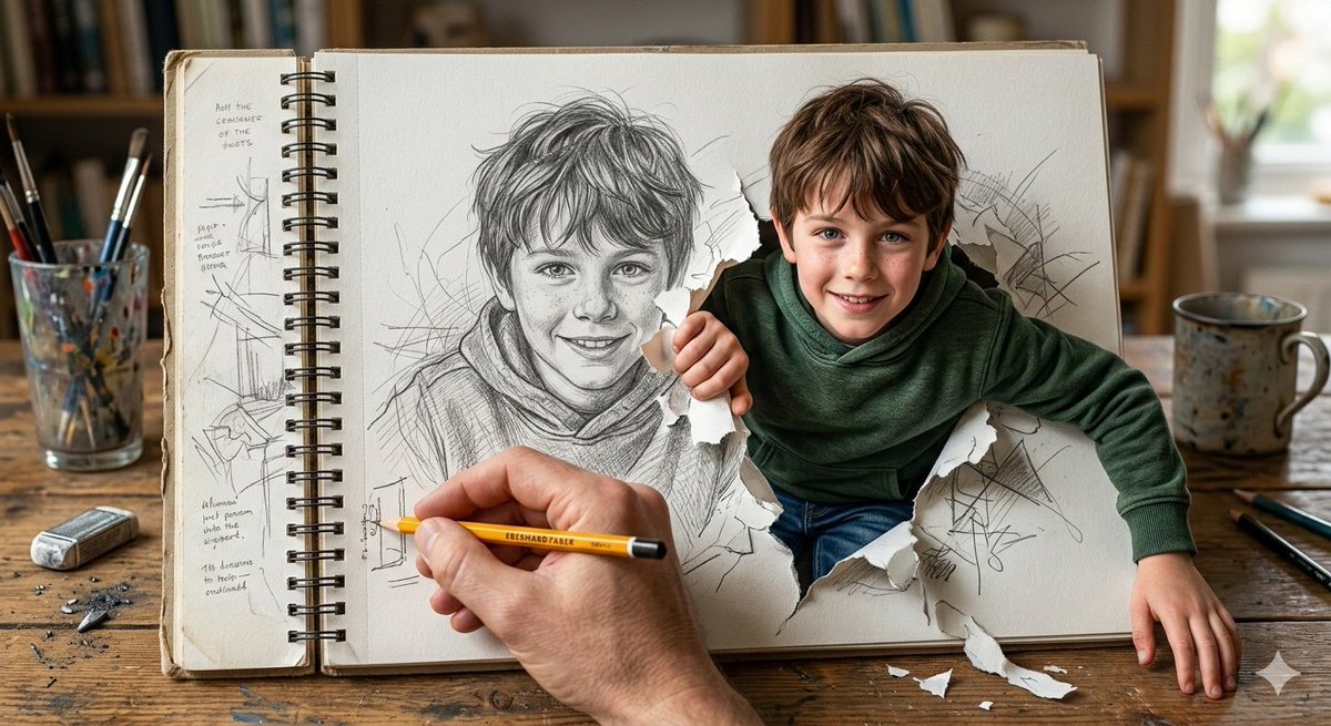 Cinematic 3D Illustration of a Boy Emerging from a Sketchbook — example 1