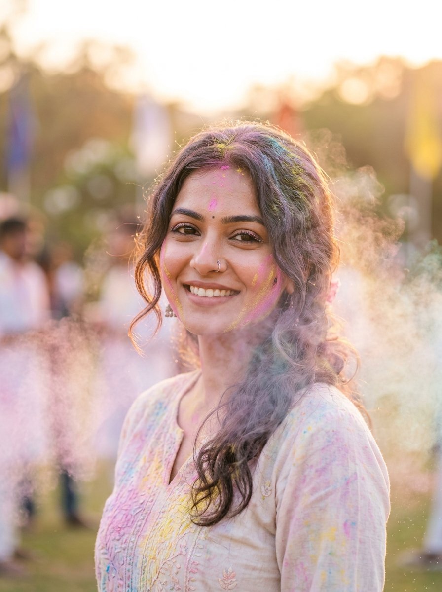 Soft Dreamy Holi Festival Portrait Prompt — example 1