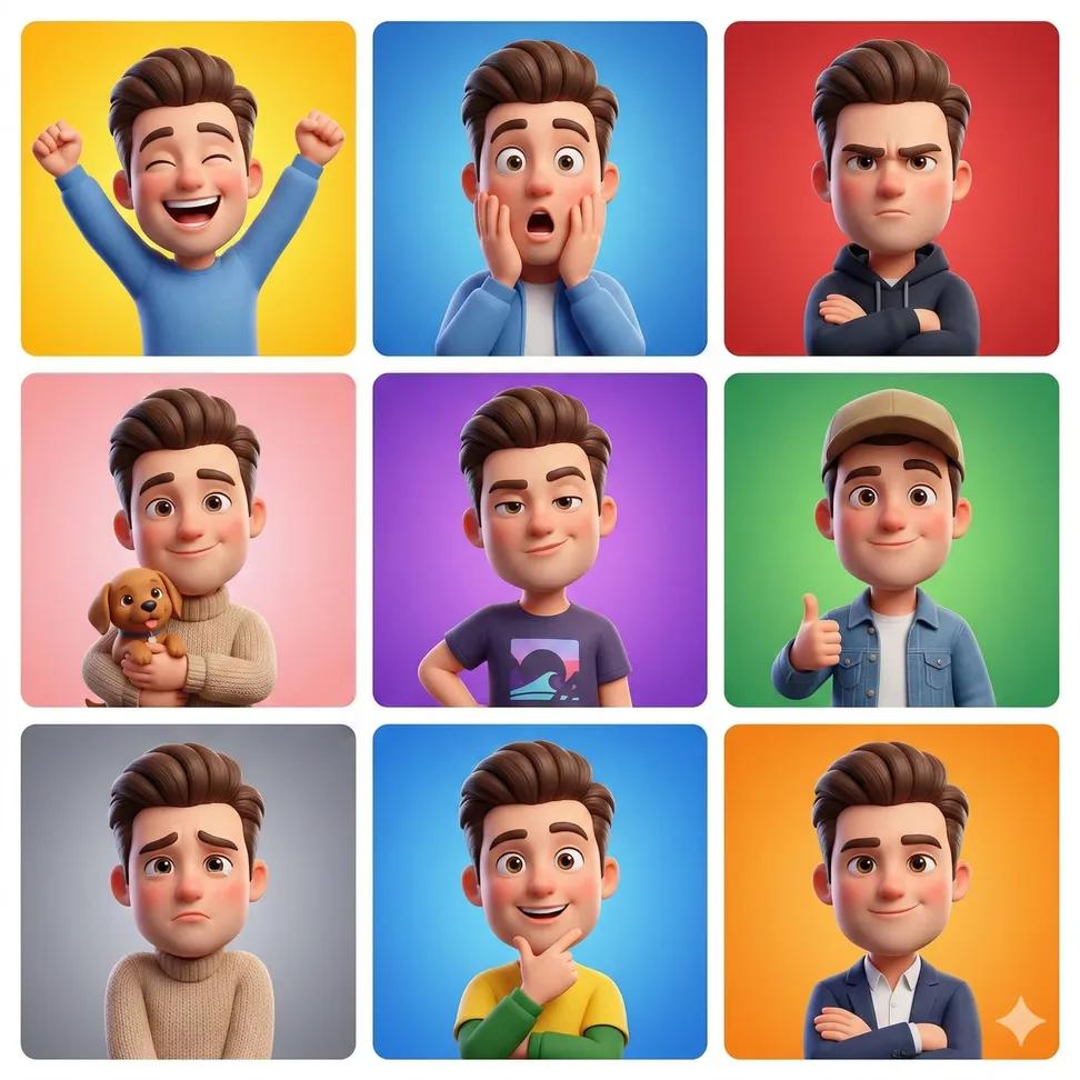 3D Cartoon Avatar Character Grid Prompt (Pixar Style) — example 1