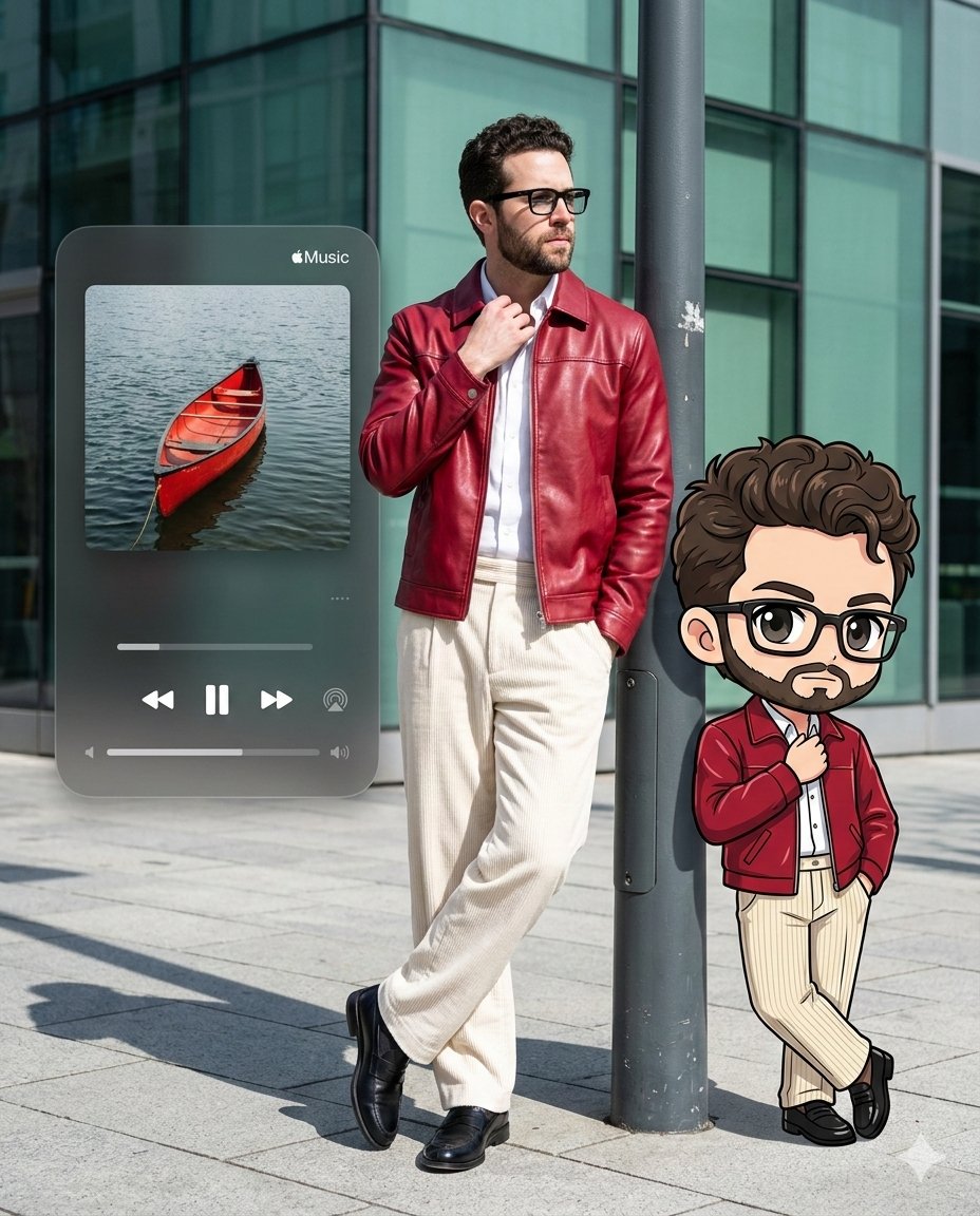 Photorealistic Self-Portrait with Chibi and UI Overlay Prompt — example 1