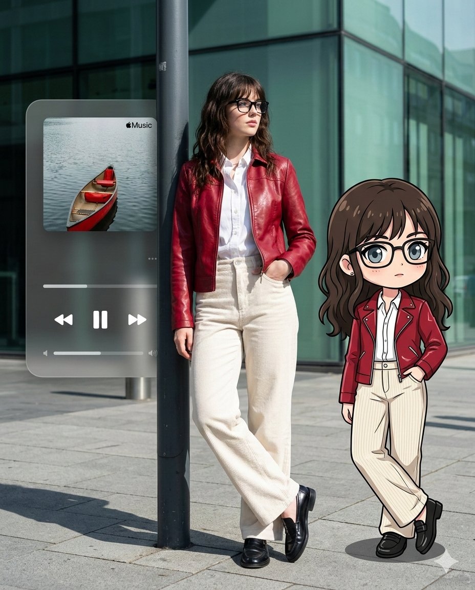 Photorealistic Self-Portrait with Chibi and UI Overlay Prompt — example 2