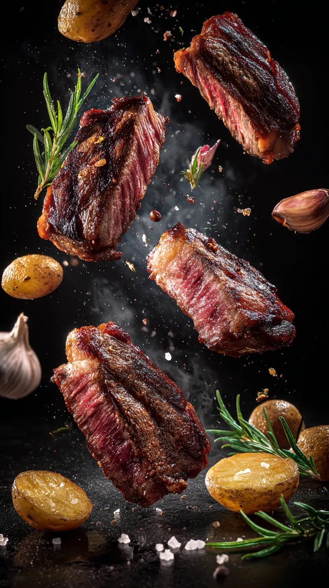 Cinematic Food Photography Prompts for Floating Steak and Shrimp — example 1