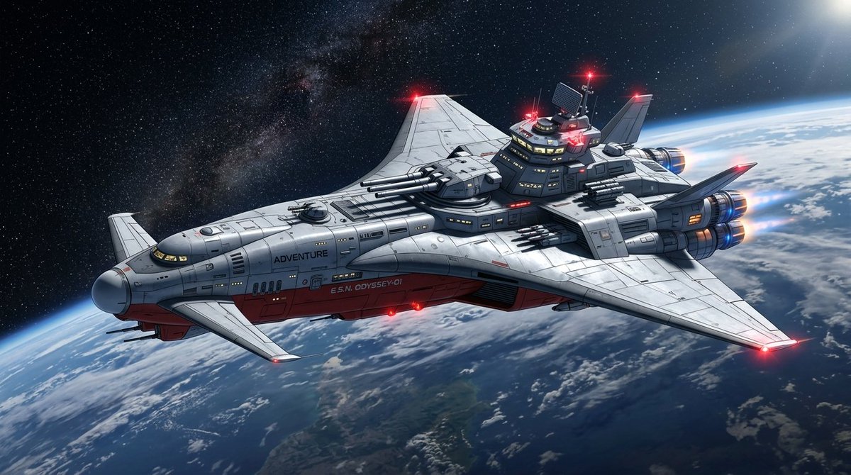 High-Resolution 2.5D Illustration Prompt for Winged Space Battleship — example 1