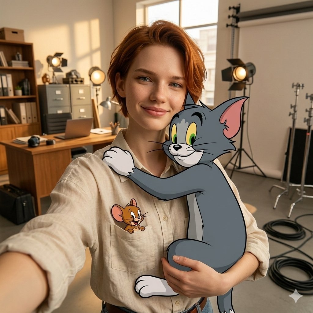 First-Person Selfie Hugging Stylized Tom and Jerry — example 1