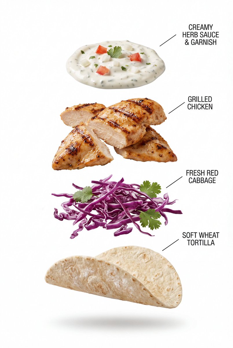 Exploded View Grilled Chicken Taco Product Photography — example 1