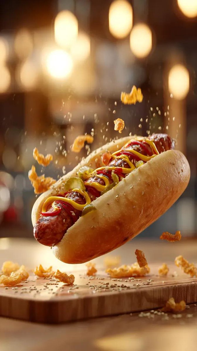 Gourmet Hotdog Mid-Air Drop Cinematic Shot