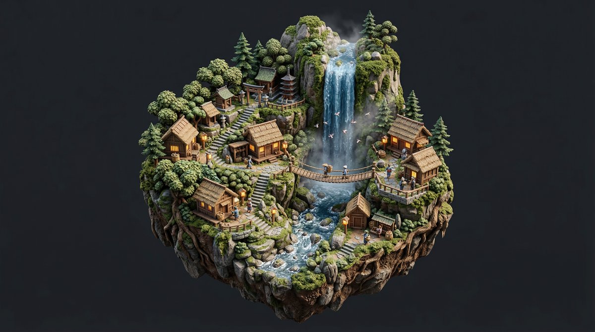Stylized Miniature Diorama of Forest Waterfall Village — example 1