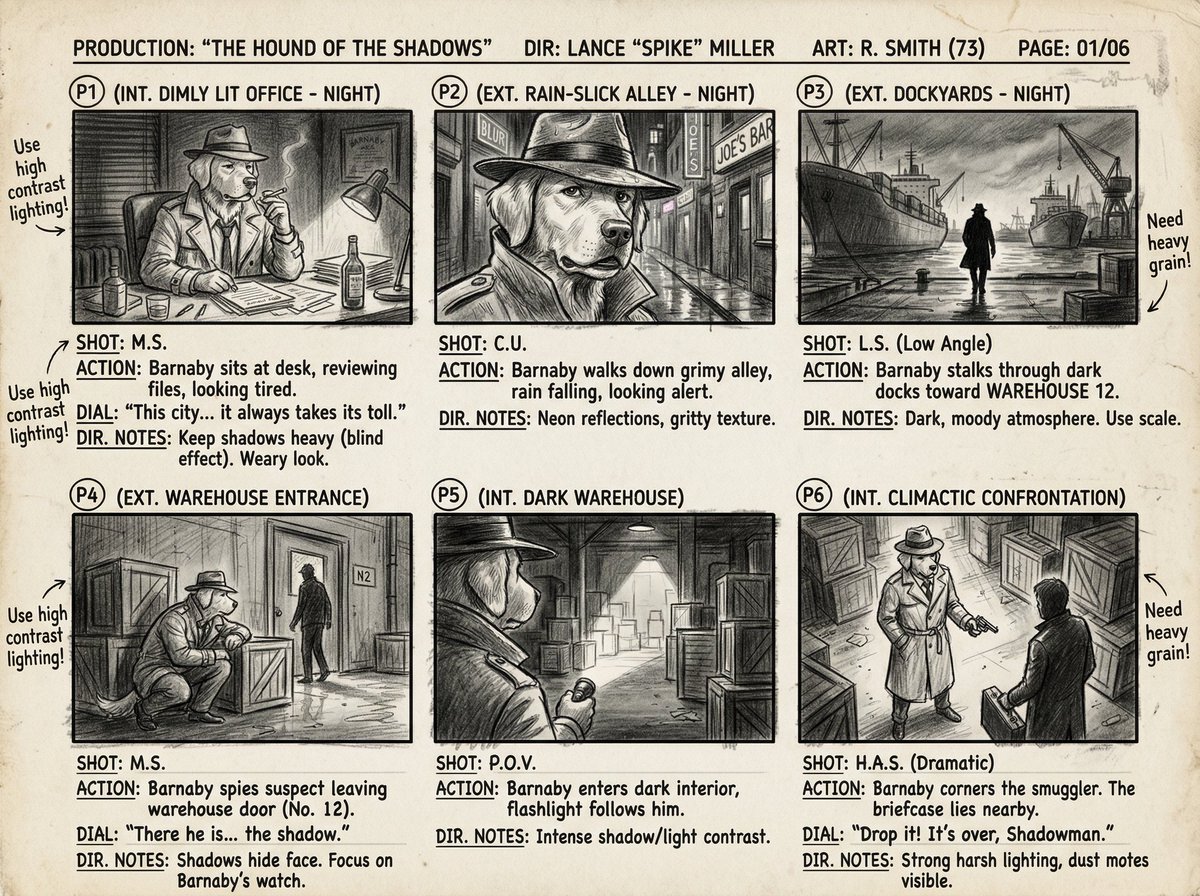 Six-Panel Cinematic Storyboard Sketch — example 2