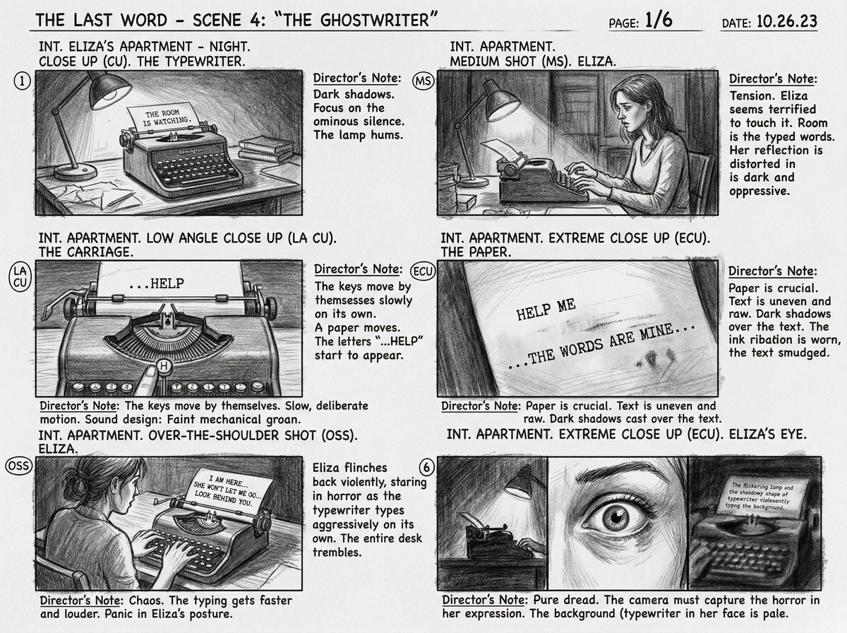 Six-Panel Cinematic Storyboard Sketch — example 3