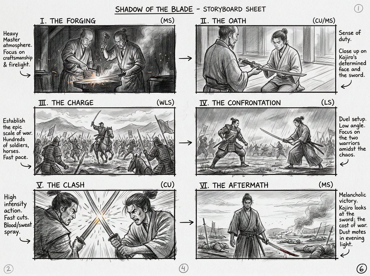Six-Panel Cinematic Storyboard Sketch — example 4